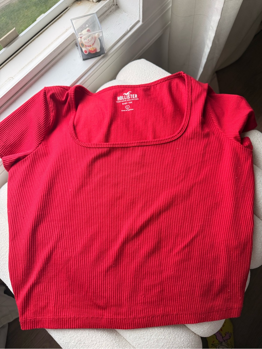 Hollister Women's Bright Red Ribbed Square Neck Crop Top “Baby Tee”